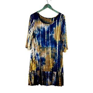 Adorn Woman's Tye Dyed Viscos 3/4 Sleeve Blue Yellow Tunic Dress SZ XL NWOT